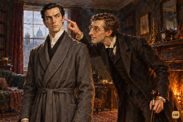 Dr. Mortimer leans in, his forefinger stopped a hair's breadth from Holmes's temple
