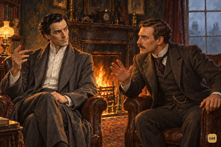 By the Baker Street fire, Watson raises his hand to stop Holmes with a question