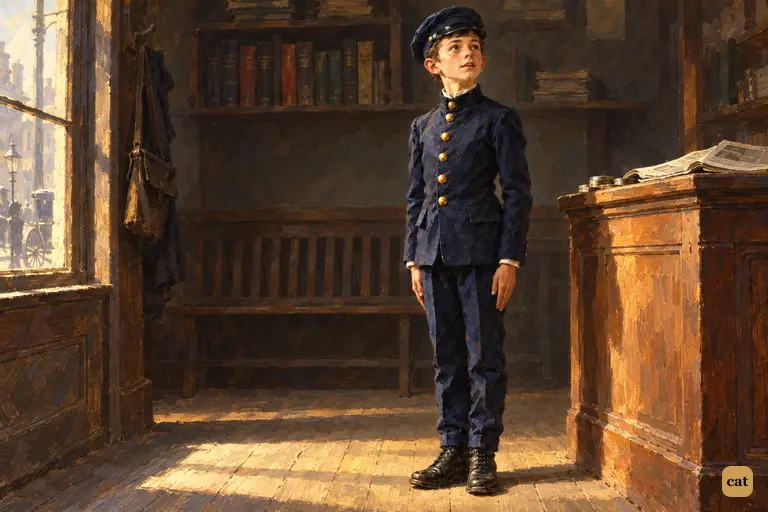 Fourteen-year-old messenger boy Cartwright stands to attention by the office counter