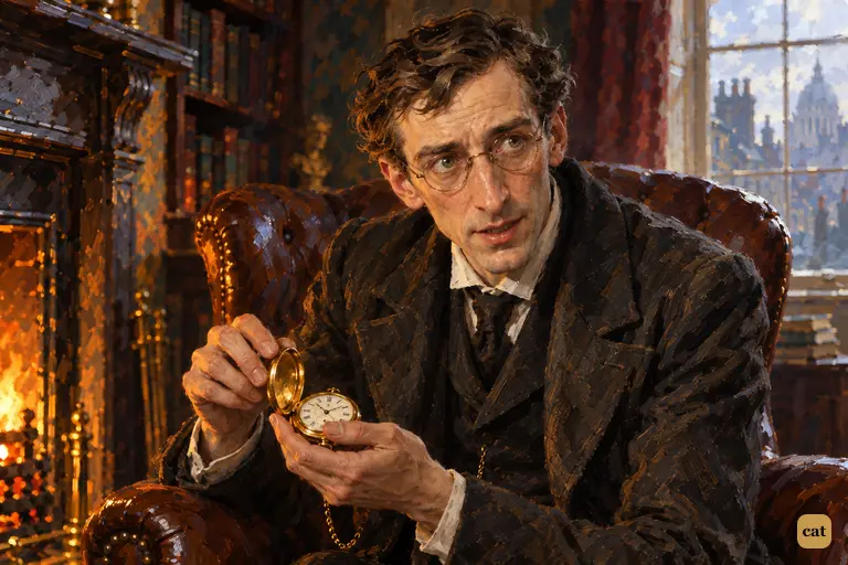 Dr. Mortimer holds his gold watch: Sir Henry reaches Waterloo in an hour and a quarter