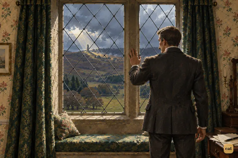 Watson leaves his letter to Holmes and stands at his bedroom window at Baskerville Hall