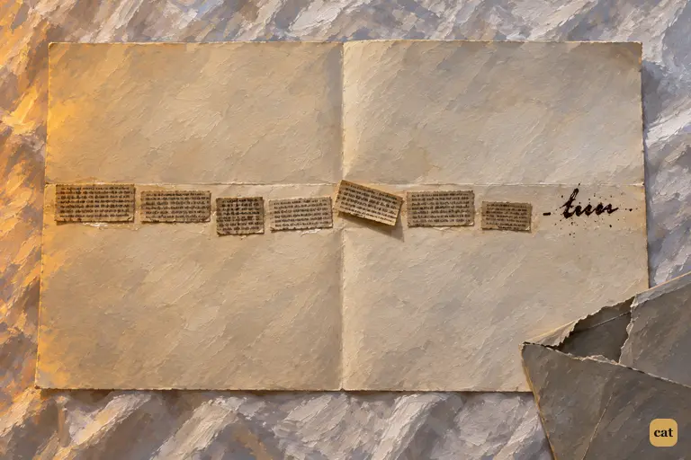 The pasted-newsprint warning lies on the breakfast cloth, ending in one handwritten word