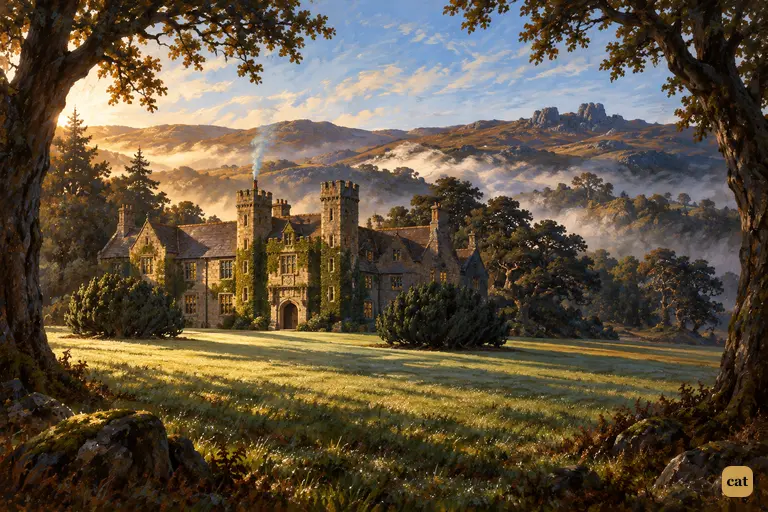 Baskerville Hall stands in golden morning sunlight as the mist lifts off the moor