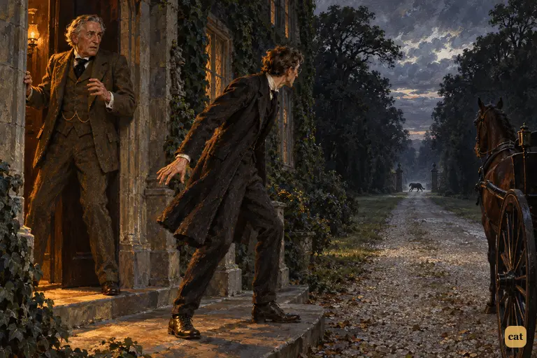 Sir Charles stands frozen with horror in his doorway as Dr. Mortimer whirls round