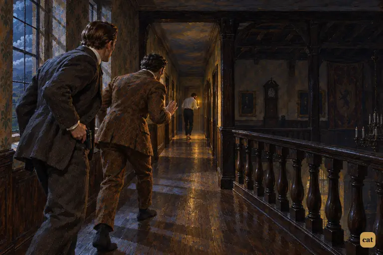 Sir Henry and Watson reach the dark mouth of the balcony in their stocking feet.