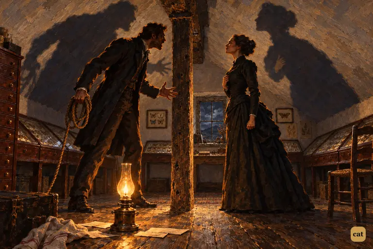 In the lamplit museum room at Merripit House, Stapleton and Beryl face each other