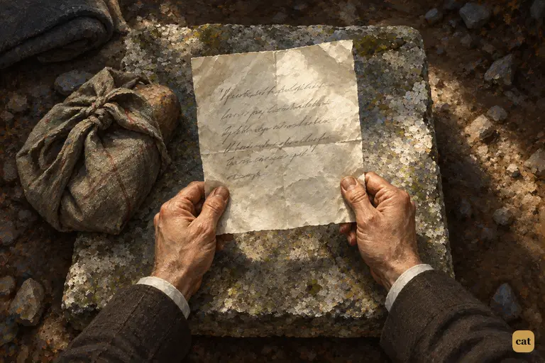 Inside the stone hut on the moor, Watson's hands lift a sheet of paper from under the boy's bundle.