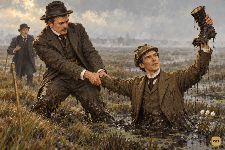Holmes has sunk to his waist in the Grimpen Mire.