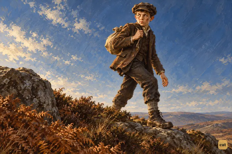 A small ragged boy with a bundle stands on the moor crest against the blue sky