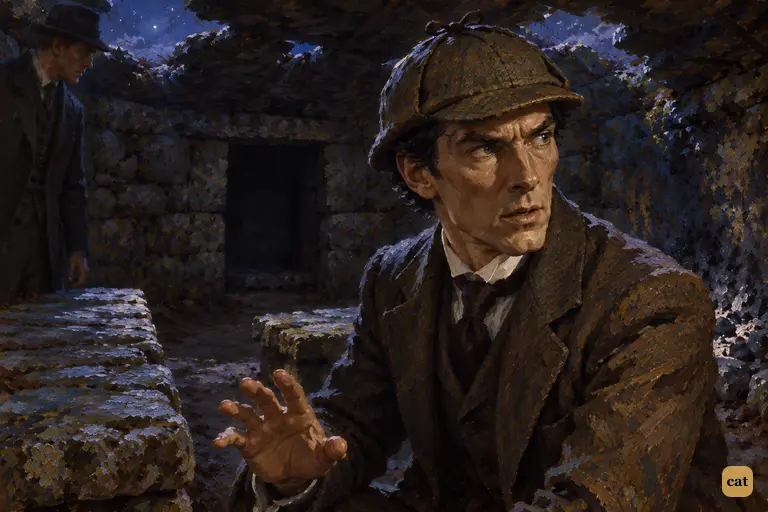 Holmes has just told Watson, "It is murder," in the dark stone hut.