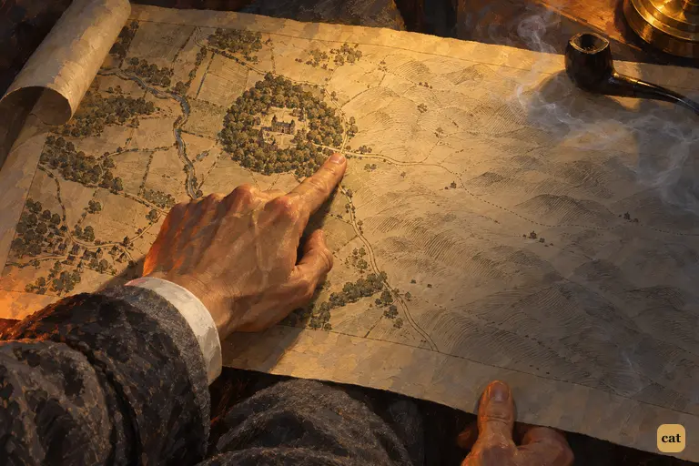 Holmes's forefinger traces the yew alley on the Ordnance map spread over his knee