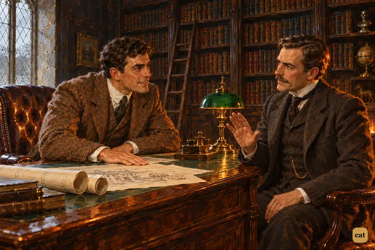 In his study, Sir Henry leans across the desk to propose following Barrymore tonight