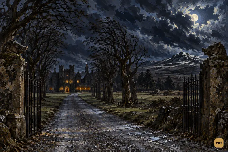 Baskerville Hall seen from the lodge-gates on a windy October night.