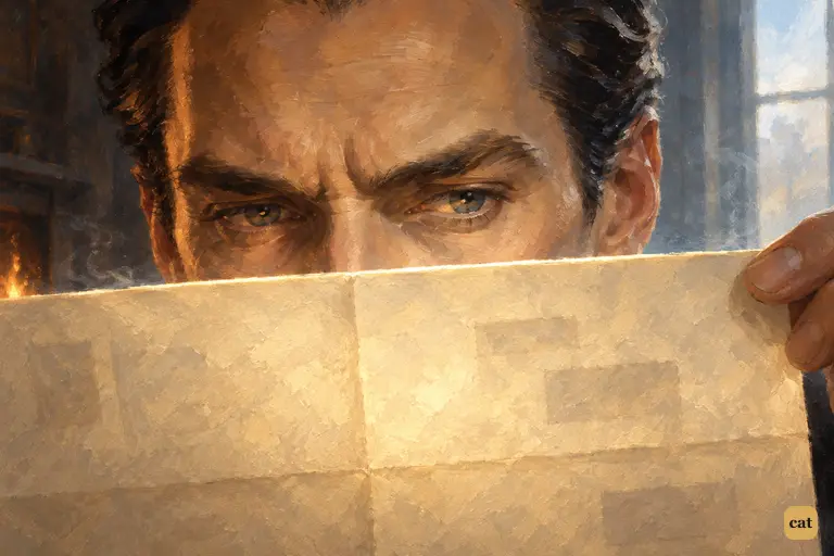 Holmes holds the pasted warning letter an inch from his eyes.
