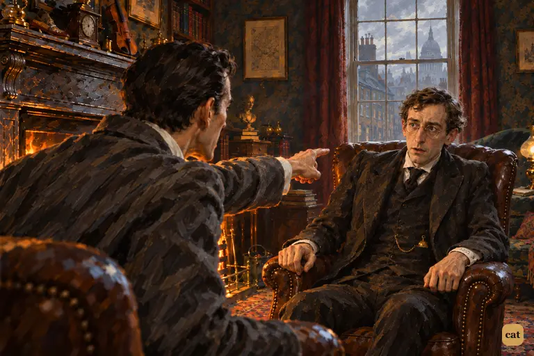 Holmes points at Dr. Mortimer from his armchair, blaming him for the lost clue