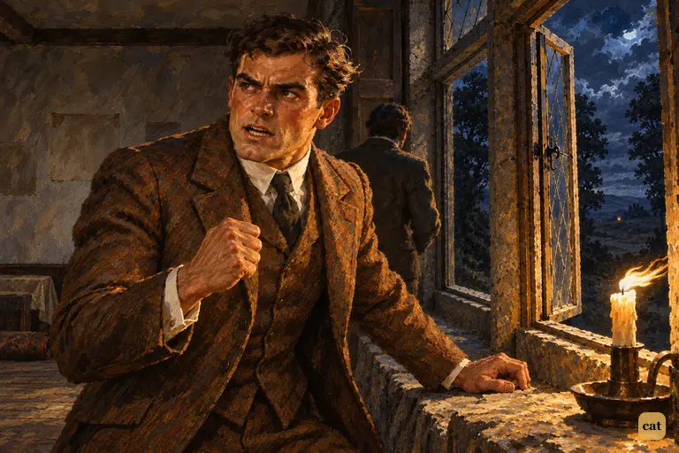 Sir Henry turns from the window, fist clenched: he will go out and take the convict