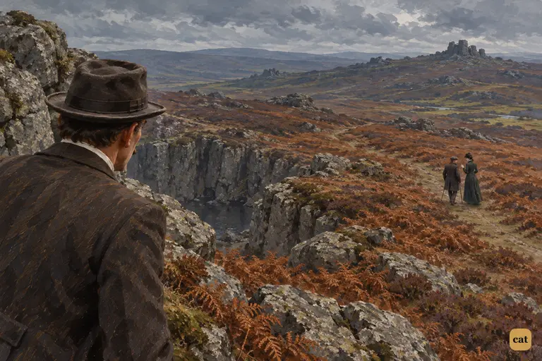 From the rocky crest, Watson sees Sir Henry far off walking beside Miss Stapleton