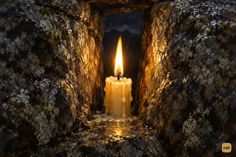 A single guttering candle burns in a crevice of wet granite on the night moor.
