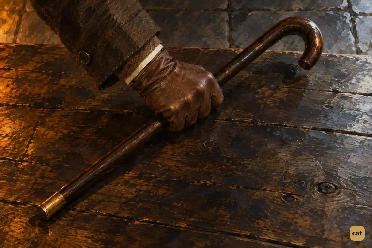 Sir Henry's gloved hand grabs his cane from the oak table by the door.