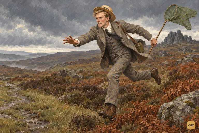 Stapleton runs flat out toward the couple on the moor path, his butterfly-net flapping
