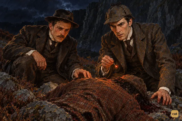 The match burns down to its last ember over the face-down body in the ruddy tweed suit.