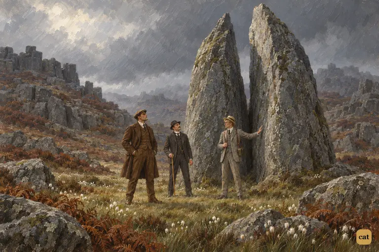 Stapleton leads Sir Henry and Watson to the grim valley of the Hugo Baskerville legend