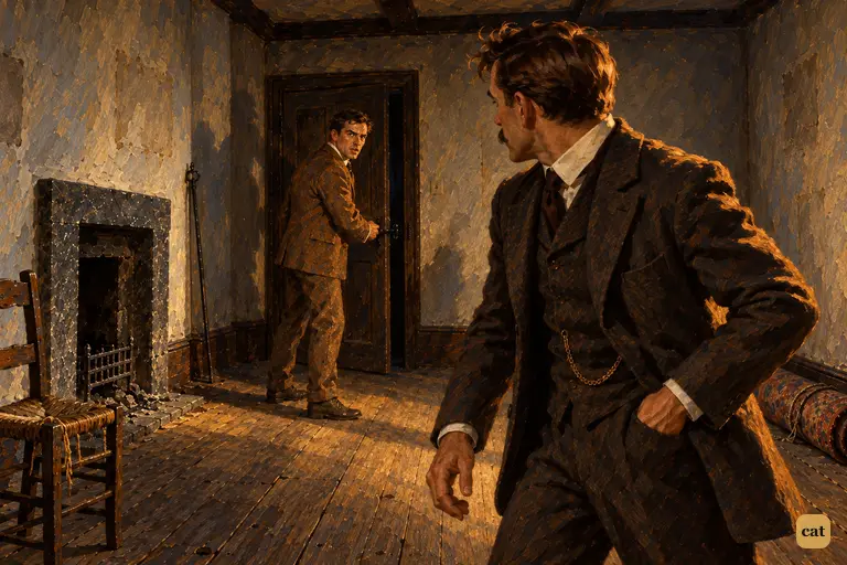 With his hand on the latch, Sir Henry tells Watson to fetch his revolver and boots