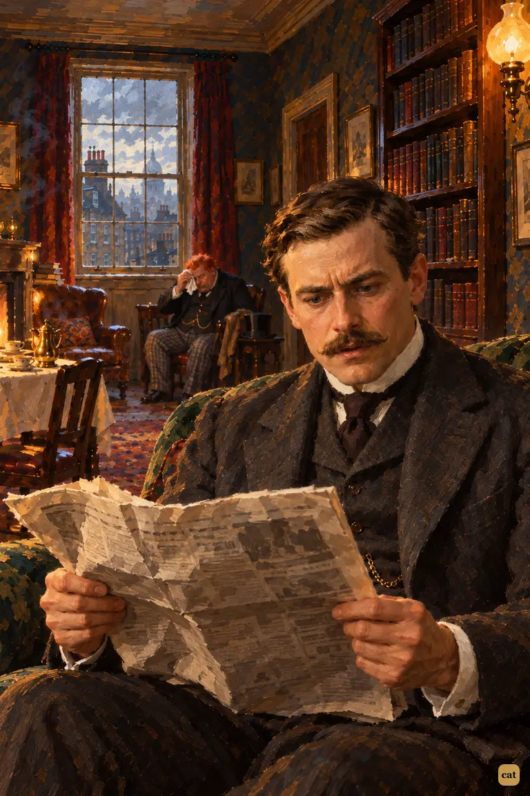 Dr. Watson, newspaper flattened in both hands, stares at the absurd Red-Headed League advertisement, baffled.
