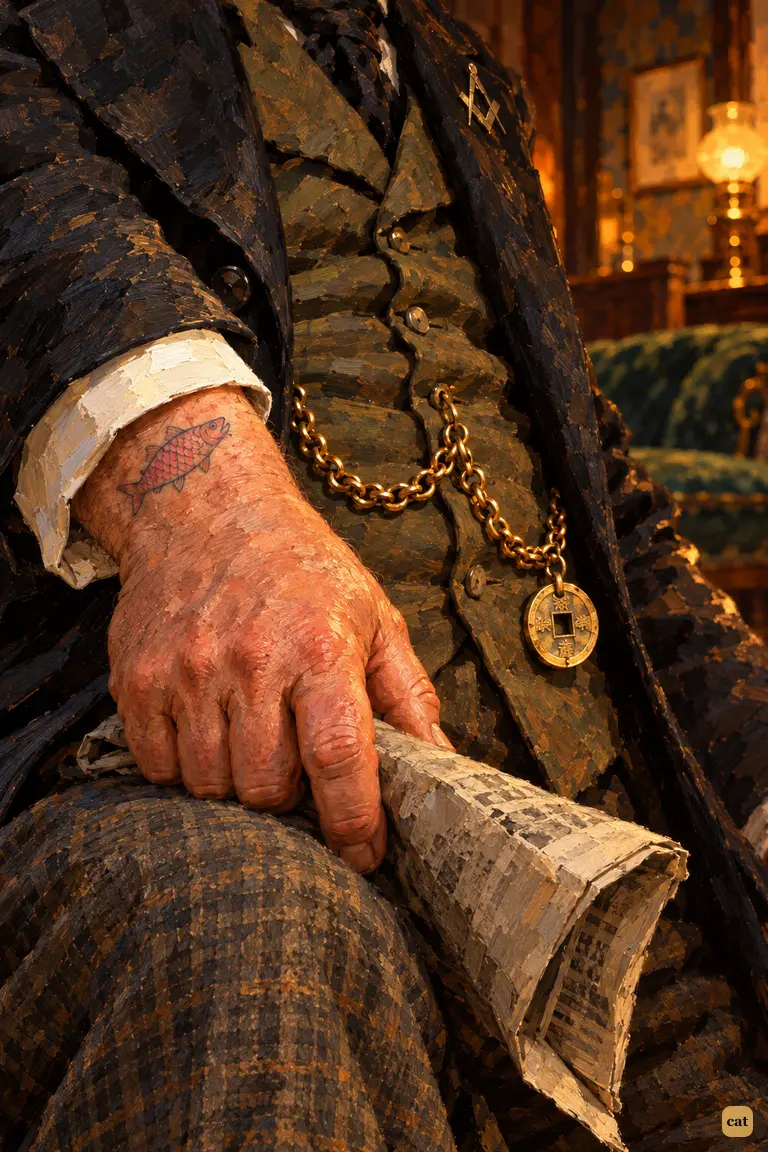 A close detail of a stout client's wrist and waistcoat: a pink-scaled fish tattoo above the cuff and a square-holed Chinese coin on a brass watch-chain, the last clues in a detective's deduction.