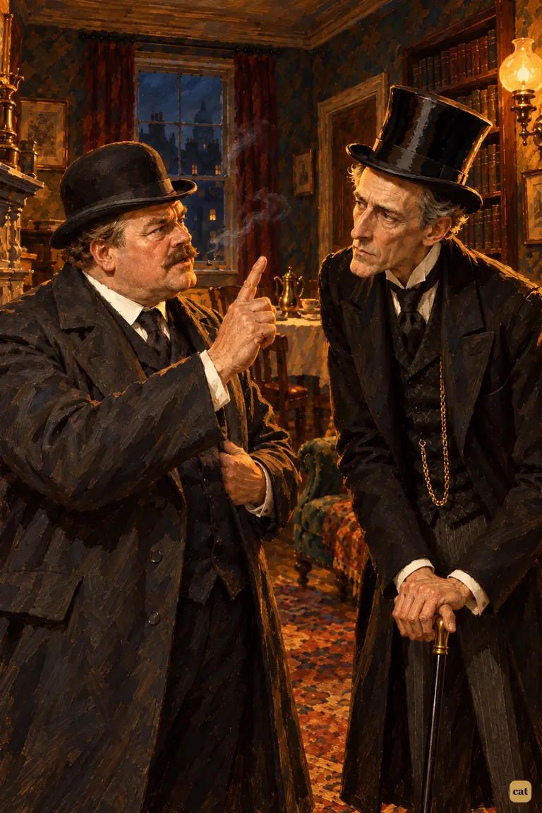 In Holmes's lamplit sitting room, Peter Jones names John Clay with a stabbing forefinger while the once-sceptical Mr. Merryweather bends to listen.