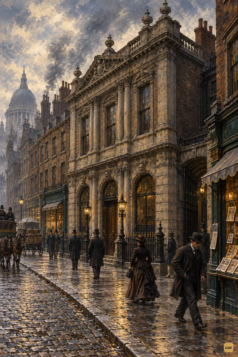 A quiet, soot-stained plan of the Coburg branch of the City and Suburban Bank, towering over the little newspaper shop, with its dark side passage beside it.