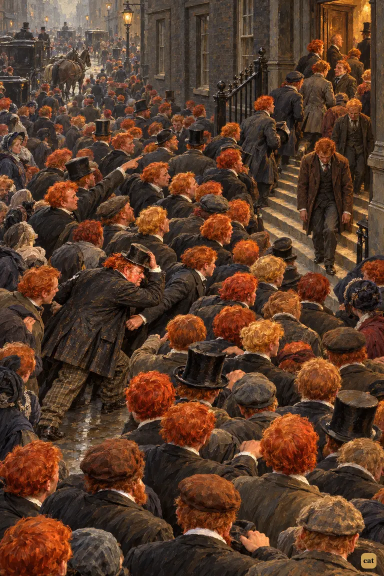 From a high vantage, a sea of red-headed men packs Fleet Street and the stair of Pope's Court, while stout Jabez Wilson and his assistant shoulder their way toward the League's doorway.