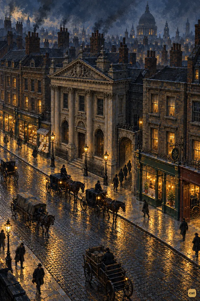 From three storeys up, a lamp-lit City street at night, where four tiny silhouettes file into the dark passage beside the shuttered bank.