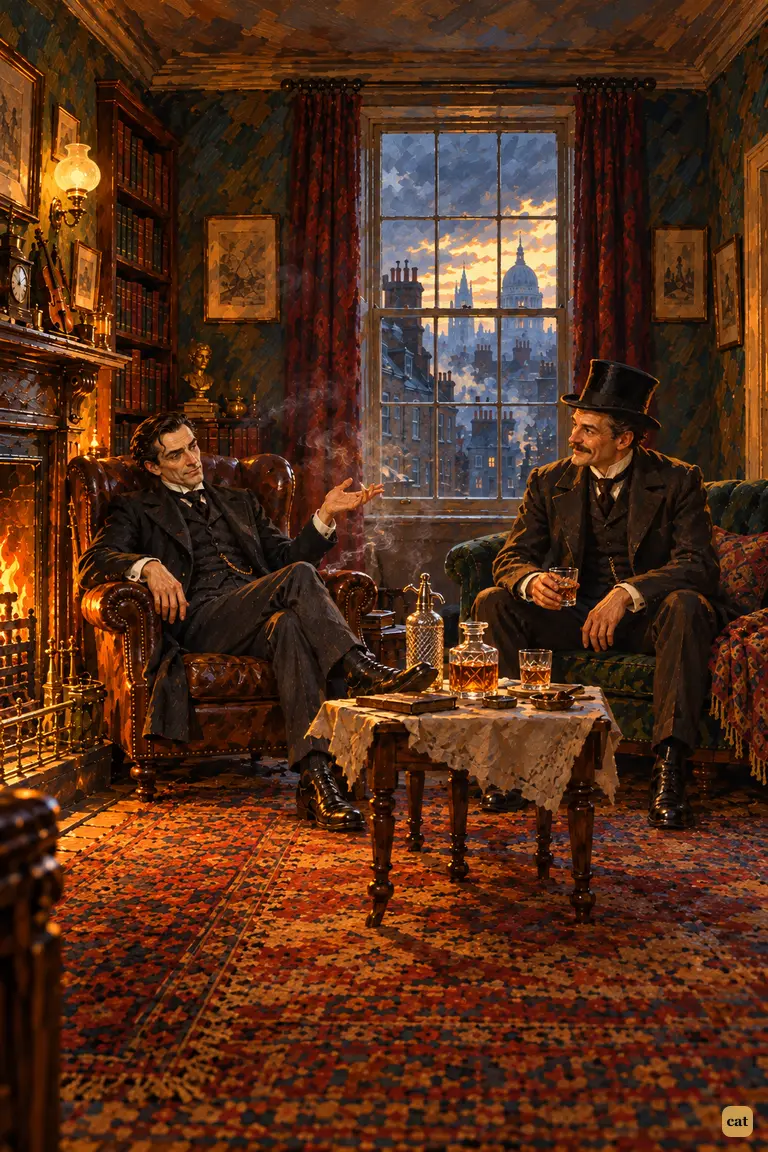 At dawn in the Baker Street sitting room, the weary detective shrugs off his friend's praise while the doctor listens with a fond smile over their whisky and soda.