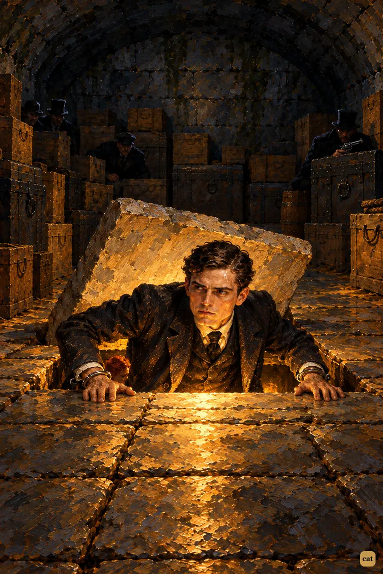 In the black bank vault, John Clay's lantern-lit face rises over the edge of the tipped flagstone and scans the dark.