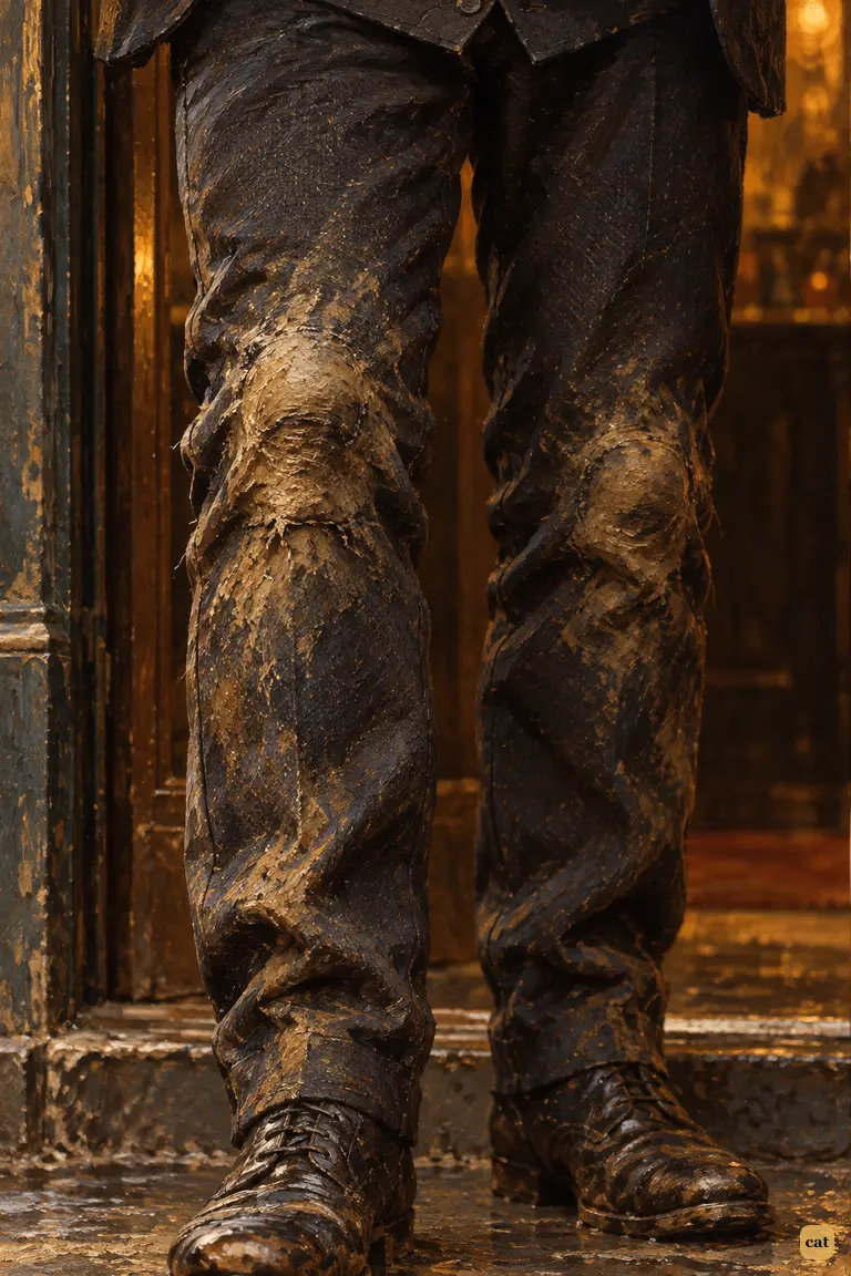 A close, evidence-like study of the shop assistant's earth-stained, threadbare trouser knees, the clue that told Holmes of months of burrowing.