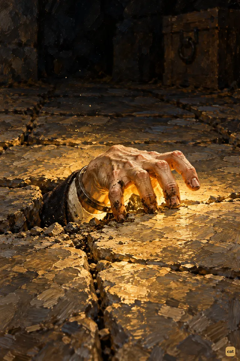A white, almost womanly hand pushes up through a gash between the vault's flagstones, groping in a small pool of lurid yellow lantern light.