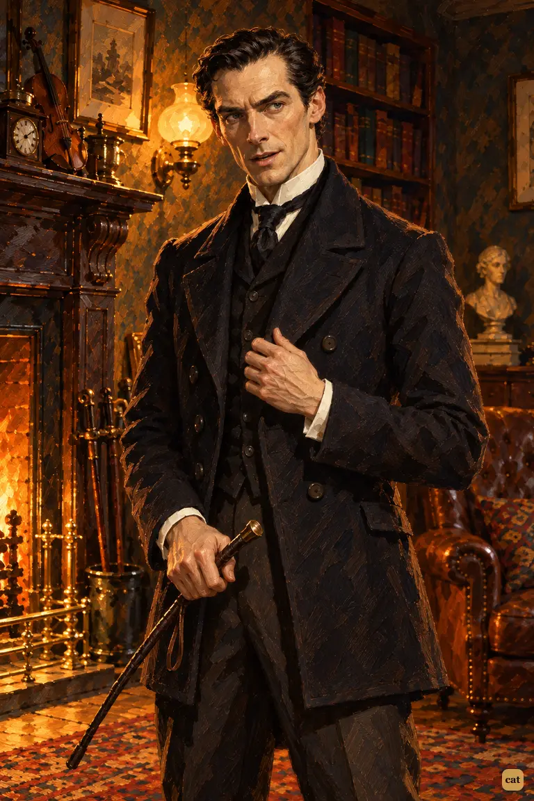 By the mantelpiece in the gaslit Baker Street sitting room, Holmes holds his hunting crop and tells the banker and the detective, with a dry smile, that tonight's play is for £30,000 and for the man Jones has hunted for years.