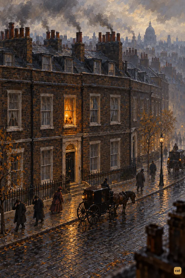 A high, wide view down onto a soot-dark Baker Street terrace on a smoky autumn morning, with a hansom at the kerb and a single amber window glowing on the first floor.