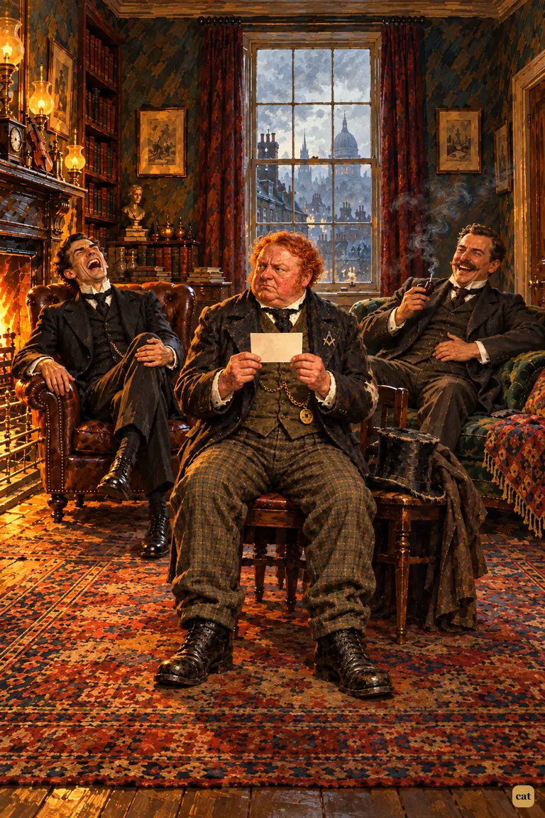In Holmes's Baker Street sitting room, the detective and the doctor collapse in laughter at the curt card announcing the dissolved League, while the red-headed pawnbroker sits stiff and rueful, holding it up.