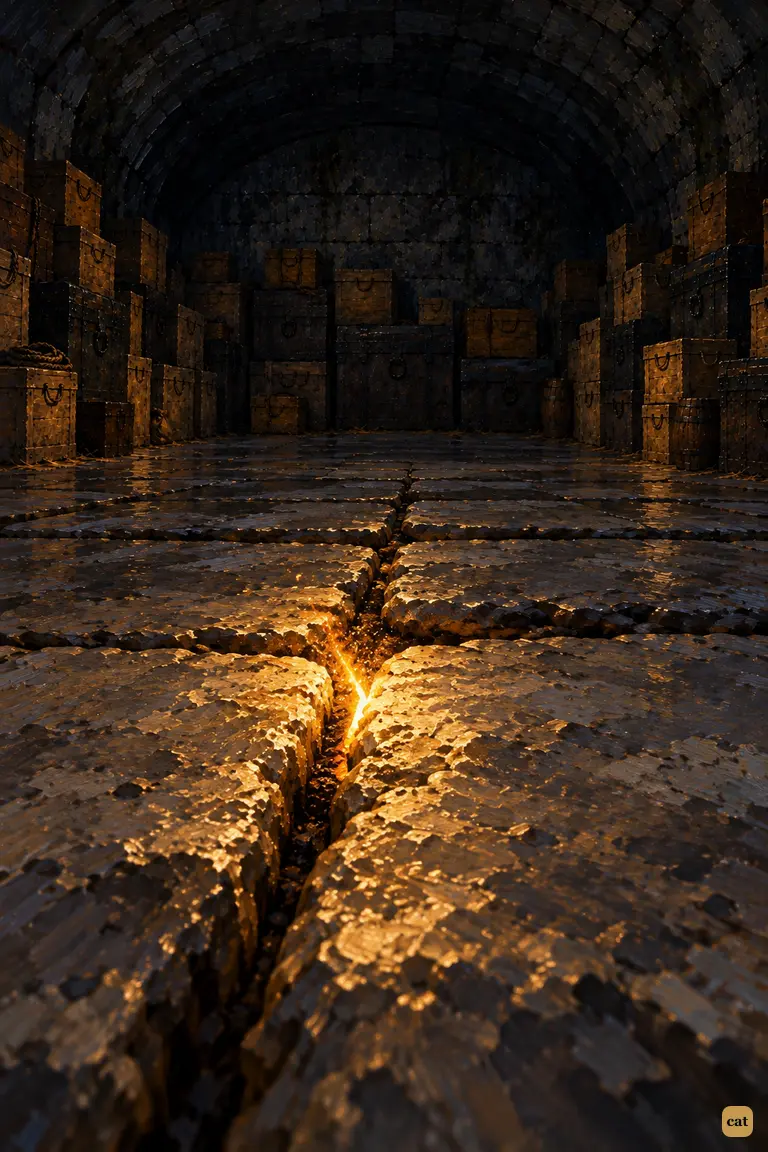 In the pitch-black bank vault, a single lurid yellow spark flares in a flagstone joint, the first sign that the tunnel below is opening.