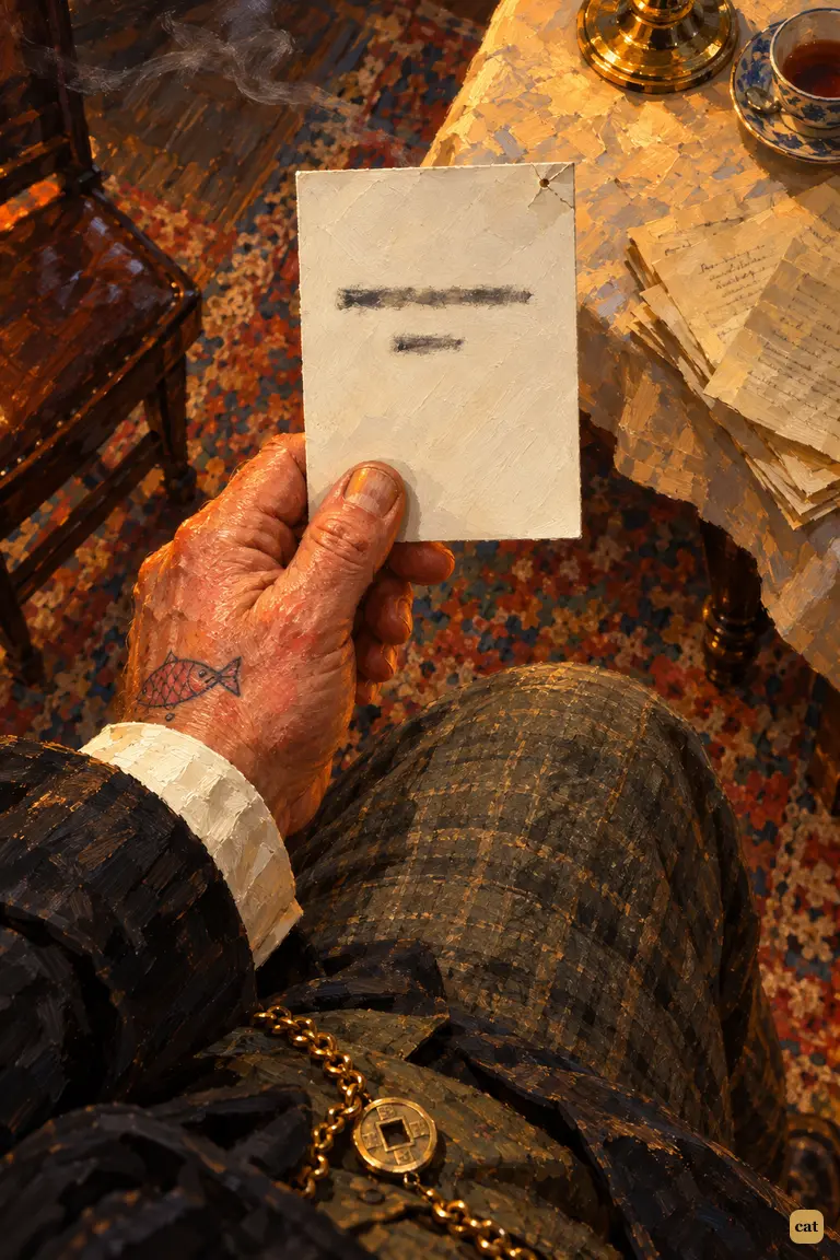 A top-down insert of Jabez Wilson's thick fingers holding up the curt white card that announces the end of the Red-headed League.