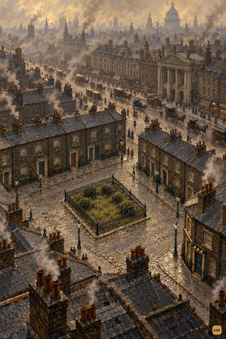 Saxe-Coburg Square seen from high above: a small, sooty, forgotten pocket of quiet sunk in the smoke of the City, with the roaring main road just behind it.
