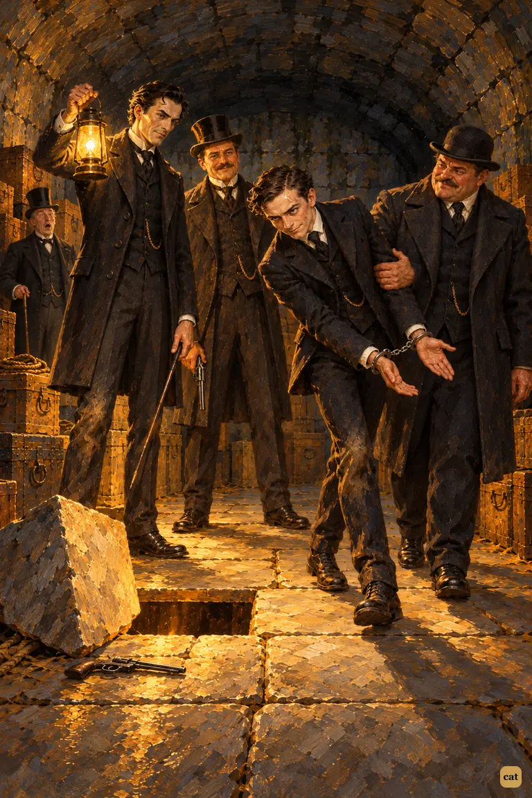 In the lantern-lit bank vault, the cuffed John Clay bows low to Holmes, Watson and Merryweather like a prince leaving court.