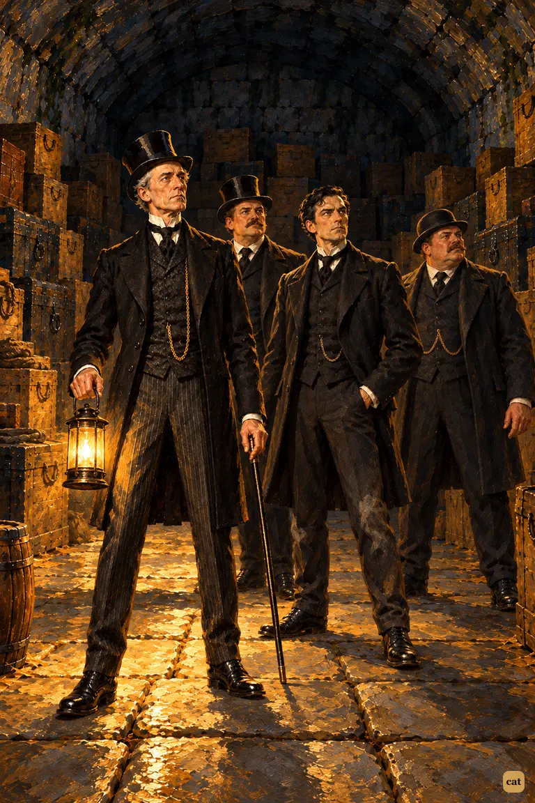 Four small figures stand in the beam of a single lantern at the threshold of the bank's vast cellar.