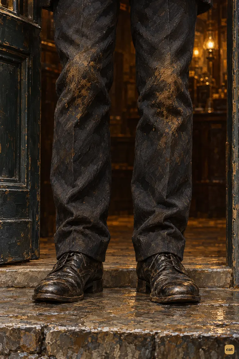 A tight, eye-level insert on the knees of the pawnbroker's assistant's dark trousers, creased and stained with clay.
