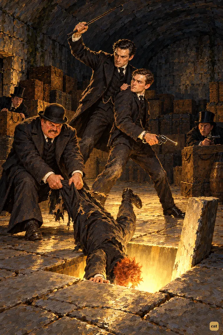 In the lantern-lit bank vault, Sherlock Holmes bursts from the dark, seizes John Clay by the collar and raises his hunting crop over the gun hand.