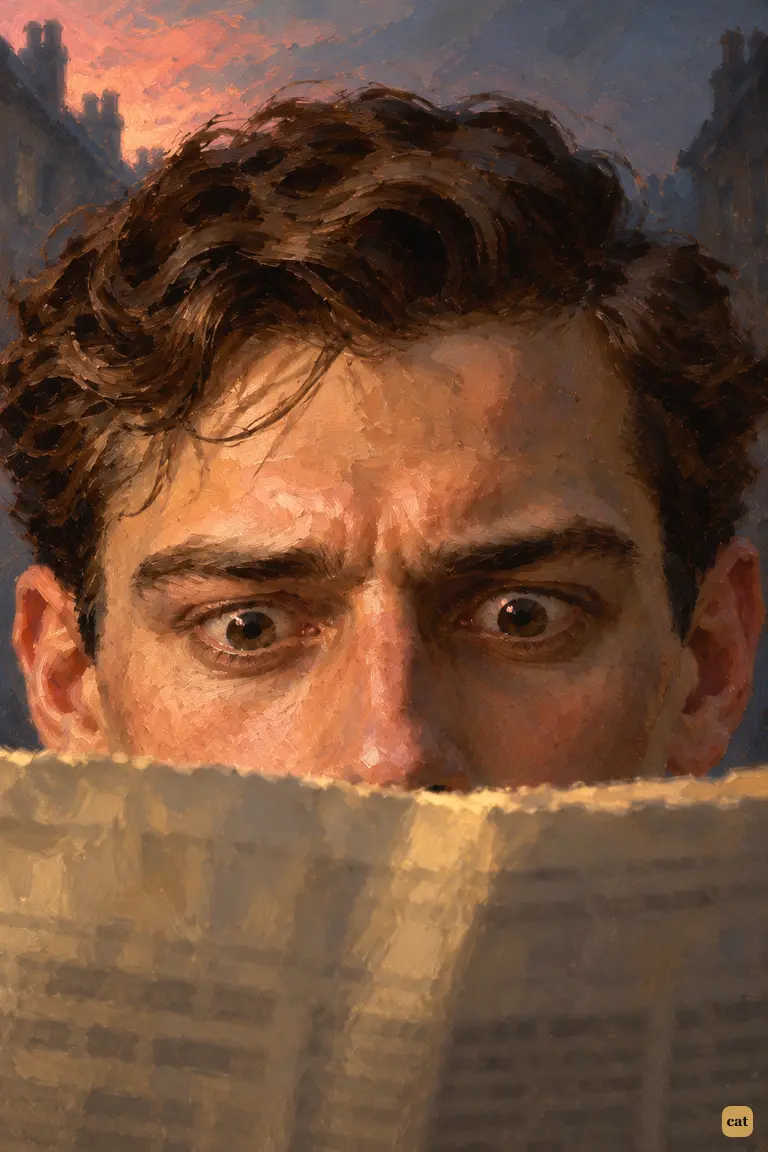 At dawn on the door-step, the brother reads the dispatch's last line over the newspaper