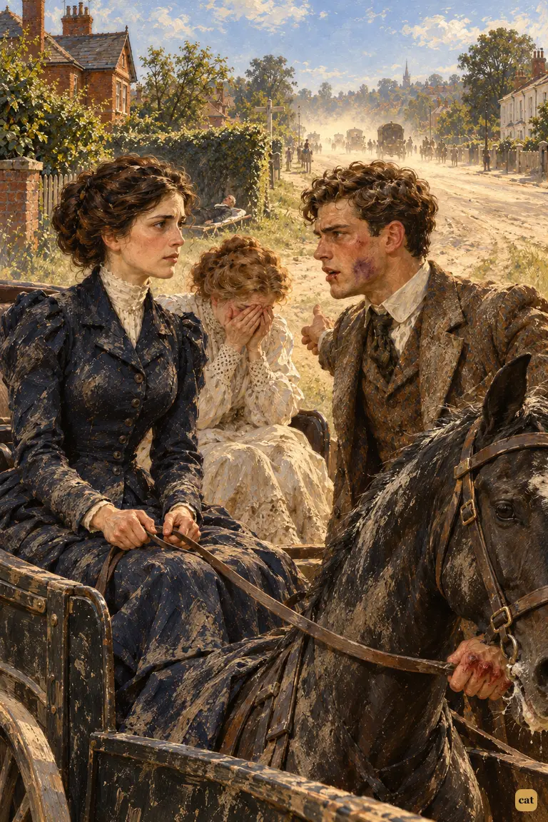 The brother turns the pony back and tells Miss Elphinstone they must cross the high road