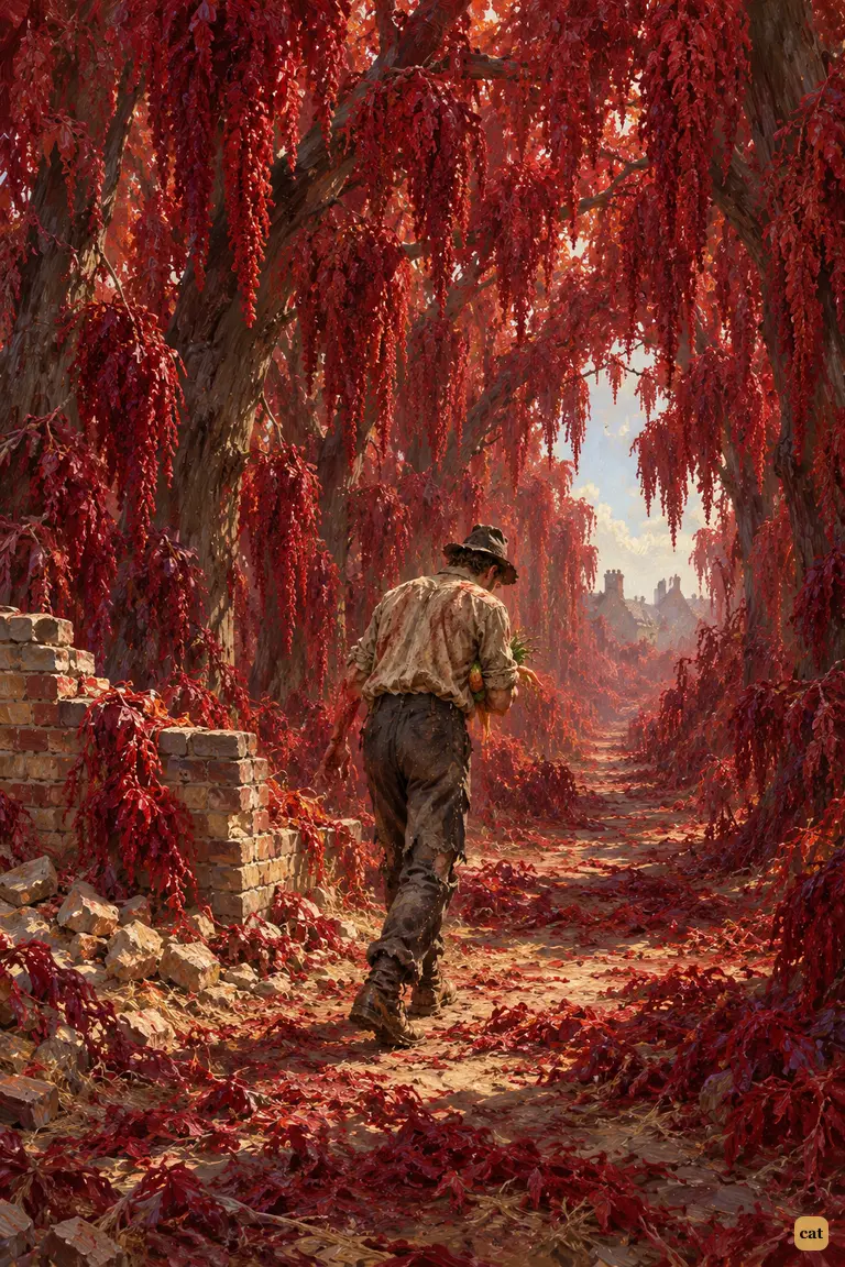 Starving, the narrator limps west towards Kew down an avenue of trees hung with red weed